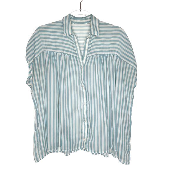 ELODIE Striped Short Sleeve Button-Front Shirt Blouse Sheer Blue White Size M/L - Picture 5 of 11